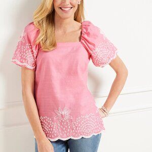 NWT Linen Blend Square Neck Embroidered Top Pink, Size - M with scallop hem